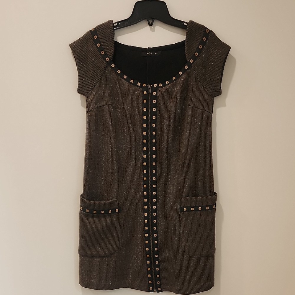 TOV Holy G, Copper Brown Knitted Mini Dress with Copper Accents, Size 40